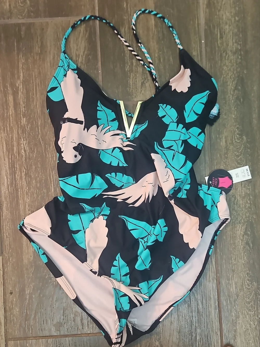 Womens One-Piece Swimsuit in Teal & Pink Parrot Print Sz XL